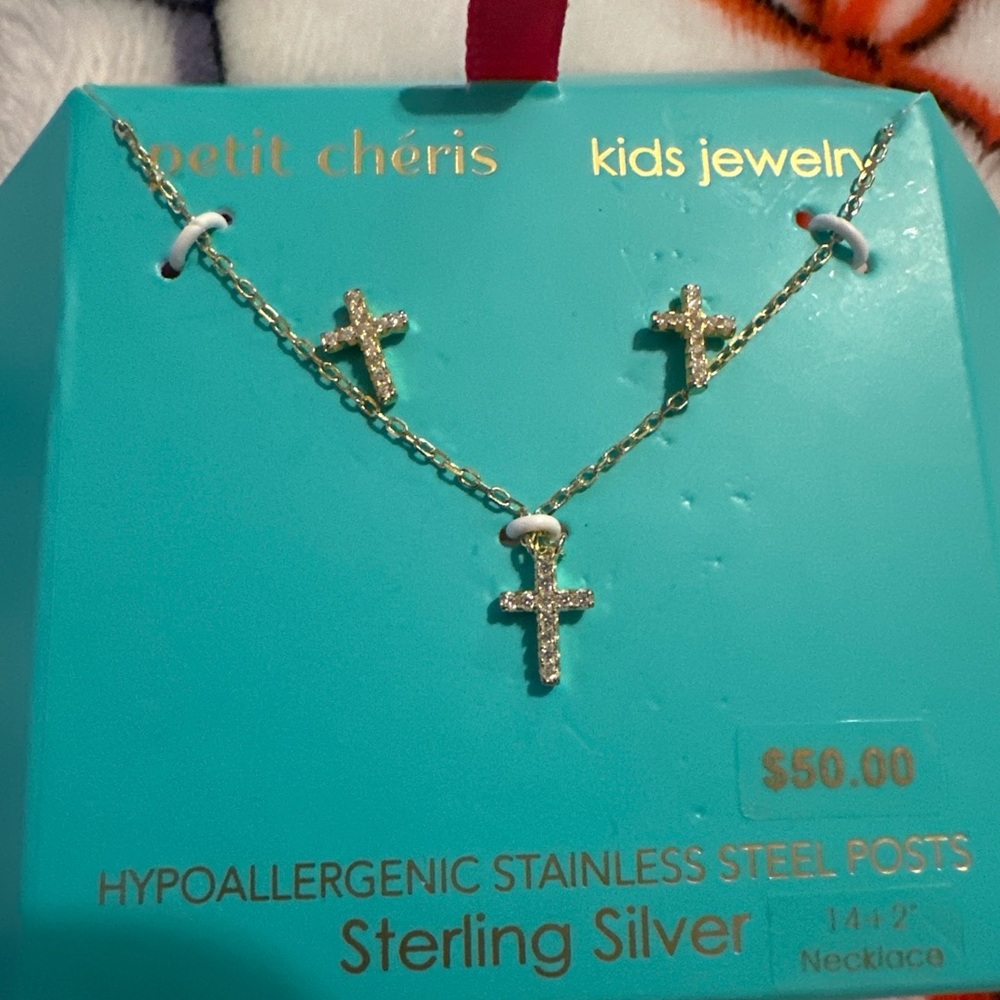 Kids Gold Cross Necklace and Earring Set - Gold